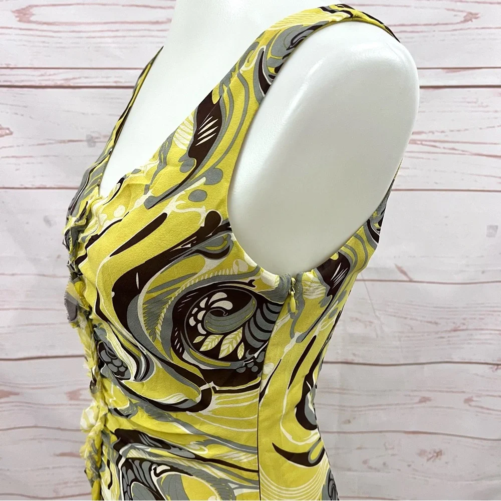 Vintage BCBG Maxazria Y2K Chartreuse Psychedelic Paisley Silk Art Deco Dress